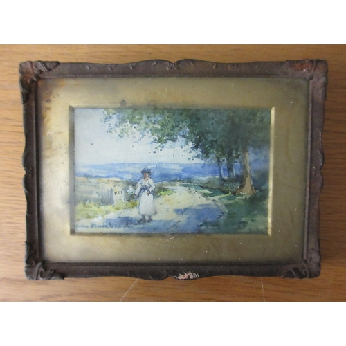 349 - Oil on canvas beach scene together with a miniature picture