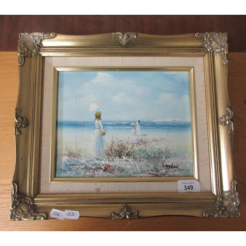 349 - Oil on canvas beach scene together with a miniature picture