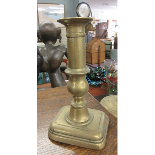 480 - Good collection of brass candlesticks together with a wrought iron candelabra