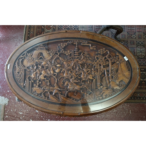 597 - Fine carved Chinese coffee table with 6 matching stools underneath - Imported from China in 1974