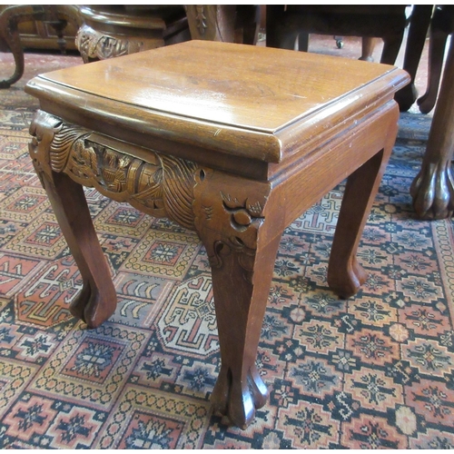 597 - Fine carved Chinese coffee table with 6 matching stools underneath - Imported from China in 1974