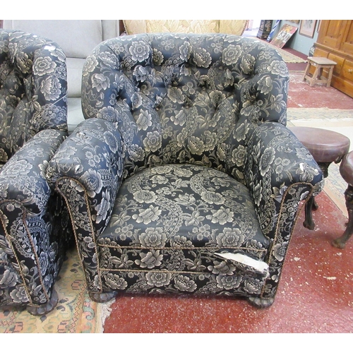 604 - Pair of antique button back armchairs with original silk upholstery