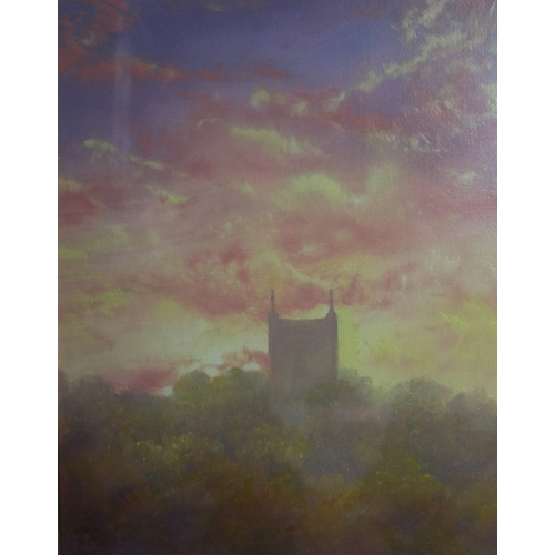 175 - Large framed oil painting of a church at sunset