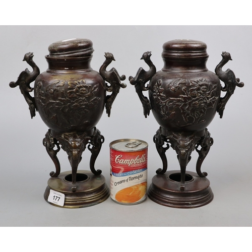 177 - Pair of bronze incense burners - Approx H: 28cm