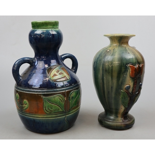 180 - 2 Belgian pottery studio vases - H: 26cm