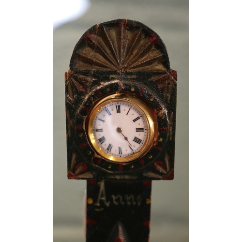 192 - Antique miniature Grandfather clock pocket watch holder with ladies fob watch