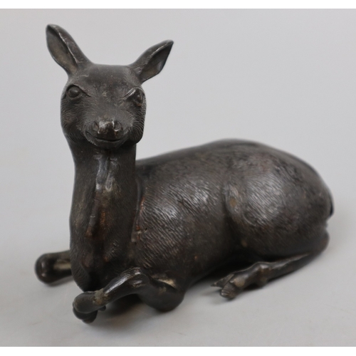 198 - Antique bronze statue of a resting deer, or fawn, with no markings, but possibly Japanese.