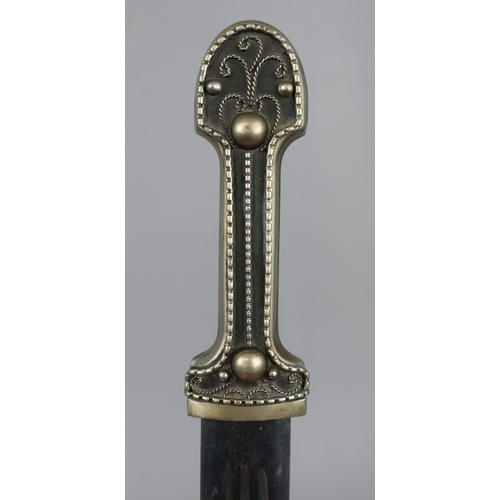 209 - Early 20thC Georgian Caucasus Kindjhal knife with intricately decorated white metal scabbard, and lo... 