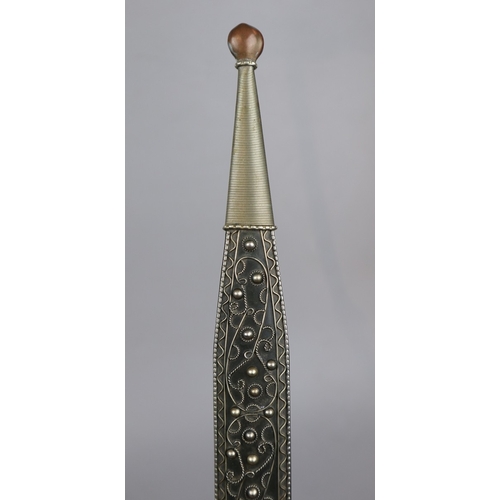 209 - Early 20thC Georgian Caucasus Kindjhal knife with intricately decorated white metal scabbard, and lo... 