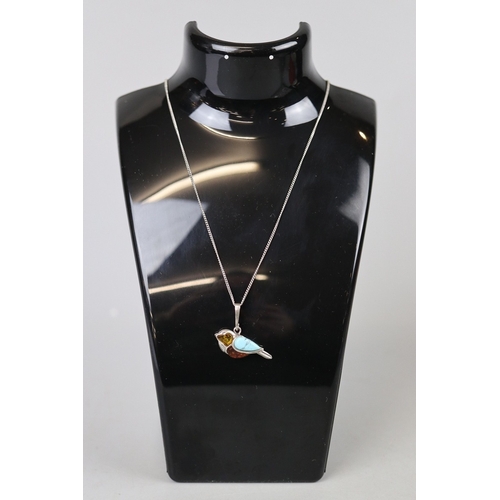 30 - Silver amber and turquoise bird pendent on chain