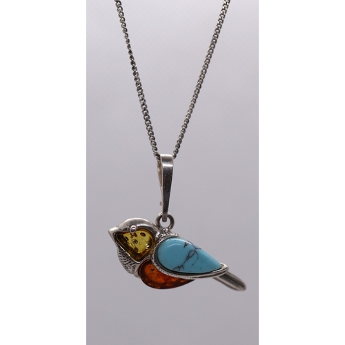 30 - Silver amber and turquoise bird pendent on chain