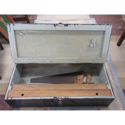 337 - Black painted wooden carpenter's tool box with 2 internal drawers.