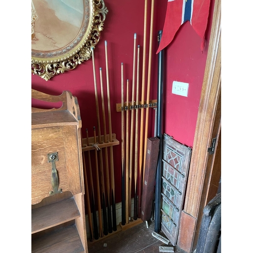 350 - Antique 3/4 size snooker table by E J Riley Ltd of Accrington and London, complete with ques, balls,... 