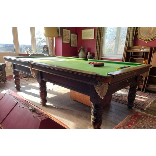 350 - Antique 3/4 size snooker table by E J Riley Ltd of Accrington and London, complete with ques, balls,... 