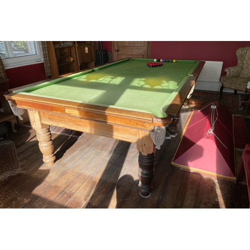 350 - Antique 3/4 size snooker table by E J Riley Ltd of Accrington and London, complete with ques, balls,... 