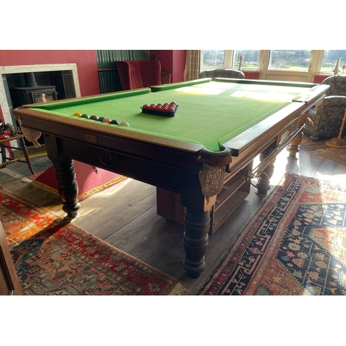 350 - Antique 3/4 size snooker table by E J Riley Ltd of Accrington and London, complete with ques, balls,... 