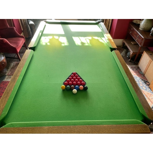 350 - Antique 3/4 size snooker table by E J Riley Ltd of Accrington and London, complete with ques, balls,... 