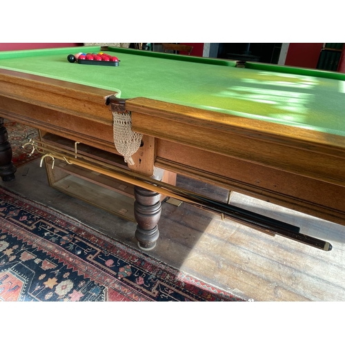 350 - Antique 3/4 size snooker table by E J Riley Ltd of Accrington and London, complete with ques, balls,... 