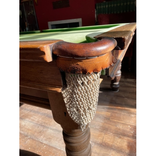 350 - Antique 3/4 size snooker table by E J Riley Ltd of Accrington and London, complete with ques, balls,... 