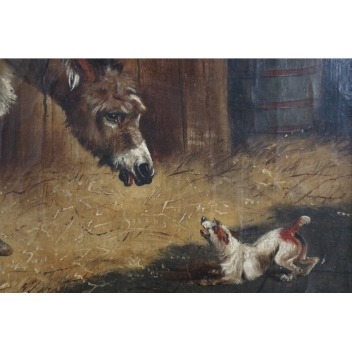 449 - Antique oil on canvas - Donkeys in Stable - IS 44cm x 29cm