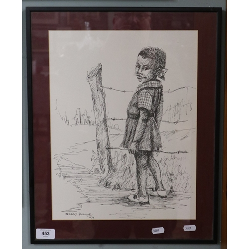 453 - 3 original pen and ink framed drawings by 20thC Jamaican artist Gerry Dunlop