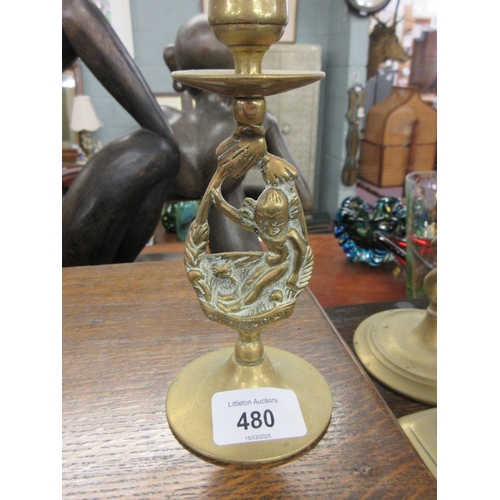 480 - Good collection of brass candlesticks together with a wrought iron candelabra