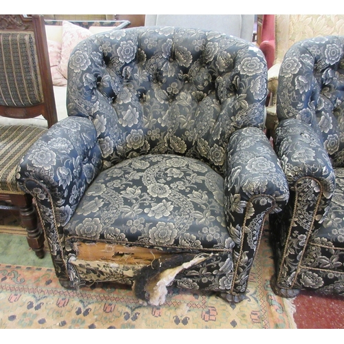 604 - Pair of antique button back armchairs with original silk upholstery