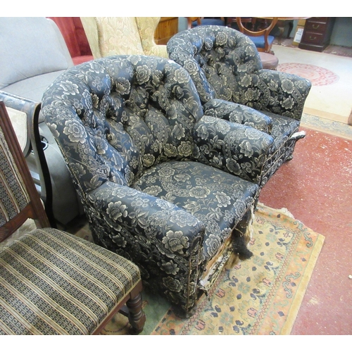 604 - Pair of antique button back armchairs with original silk upholstery