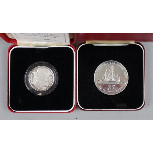 98 - Several Silver Proof coin sets, including St. Helena crown, USA 1976 bicentenary proof coin and stam... 