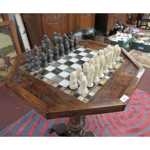 Octagonal tilt top tripod chess table and pieces