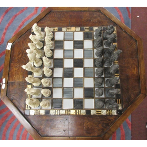 Octagonal tilt top tripod chess table and pieces