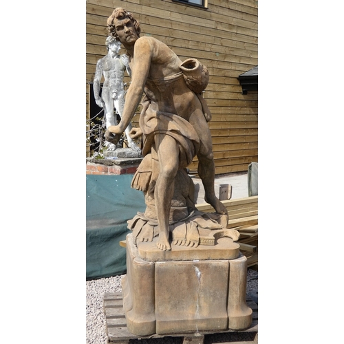 281 - Large stone statue water feature of David about to slay Goliath on plinth