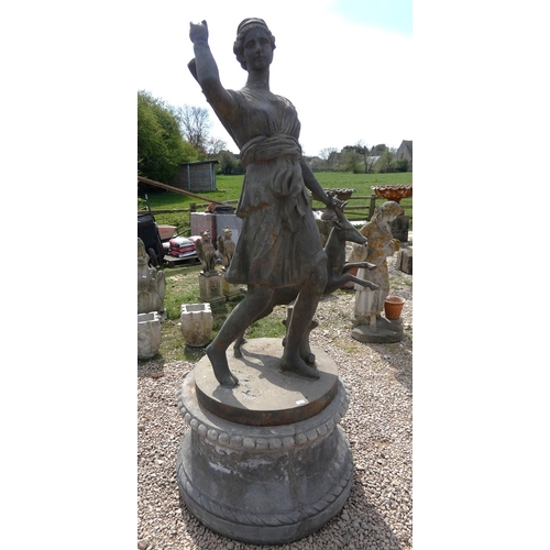 342 - Large cast-iron statue of Diana the the huntress with small prancing deer on small pedestal base - H...