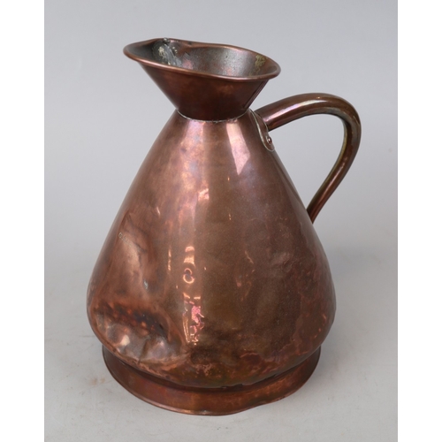 110 - Good antique Georgian copper jug 30cms high.  Lead punch mark GR 3.