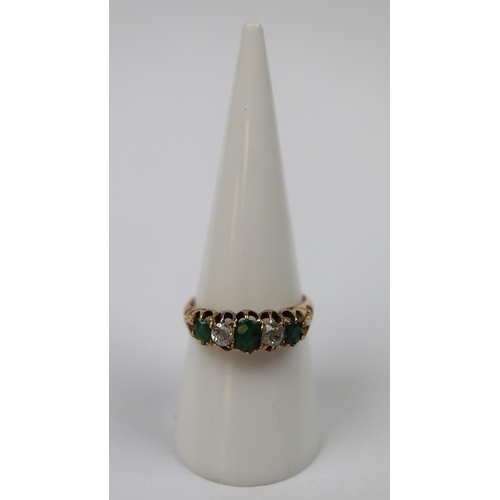87 - 14ct gold diamond and emerald set ring - Size O - Approx 3.1g
