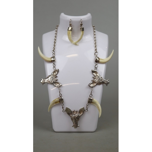 90 - Bespoke silver and muntjac deer tooth jewellery set comprising of necklace and earrings