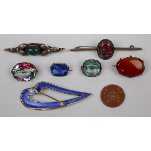 95 - 7 stone set brooches - topaz, butterfly wings and Norwegian enamel etc