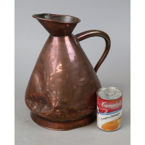 110 - Good antique Georgian copper jug 30cms high.  Lead punch mark GR 3.