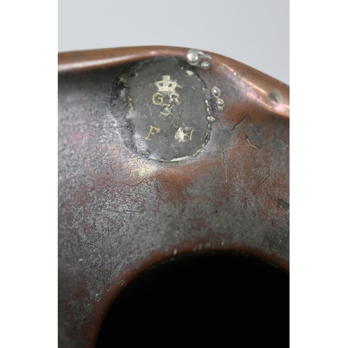 110 - Good antique Georgian copper jug 30cms high.  Lead punch mark GR 3.