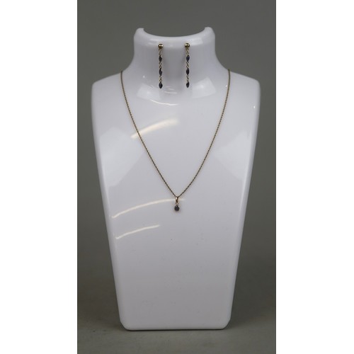 74 - 9ct gold matching drop earrings and pendant on chain set - Approx 1.8g