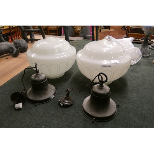 279 - A pair of opaque Edwardian pendant ceiling lamp shades and fittings