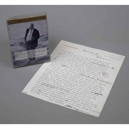 122 - John Betjeman signed letter together with BBC Radio Collection cassette.Sir John Betjeman's hand-ann...