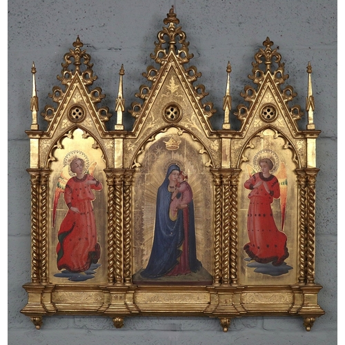 330 - Antique Italian ecclesiastical gilt Triptych on panel with Madonna and Child and Two Heralding Angel...