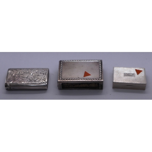 26 - 3 hallmarked silver boxes to include vesta and matchbox sleeve. 35g approx.
