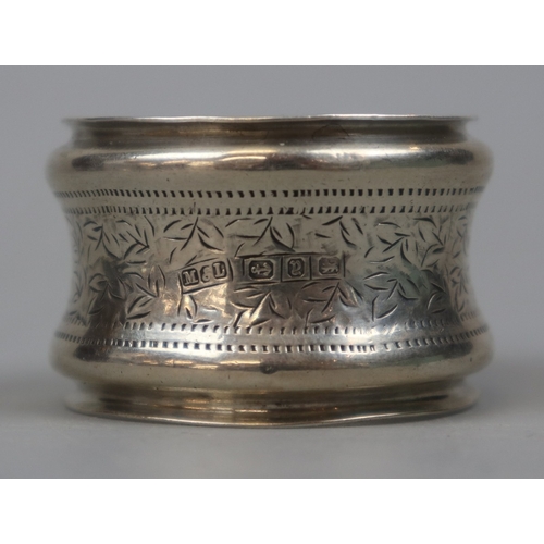 34 - Antique hallmarked silver spoon and napkin ring. 52g approx