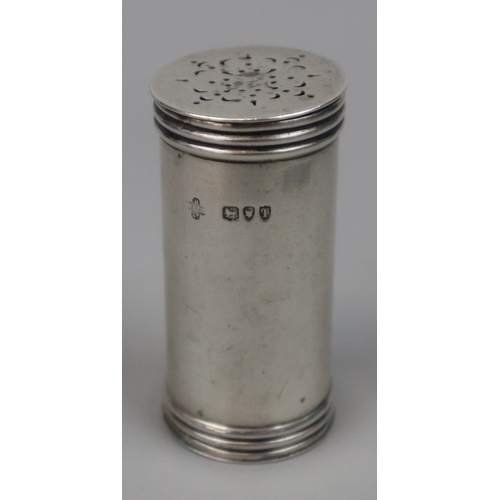 9 - Hallmarked silver pepperette/pounce pot together with silver dessert spoon and decorative white meta... 