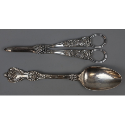 9 - Hallmarked silver pepperette/pounce pot together with silver dessert spoon and decorative white meta... 