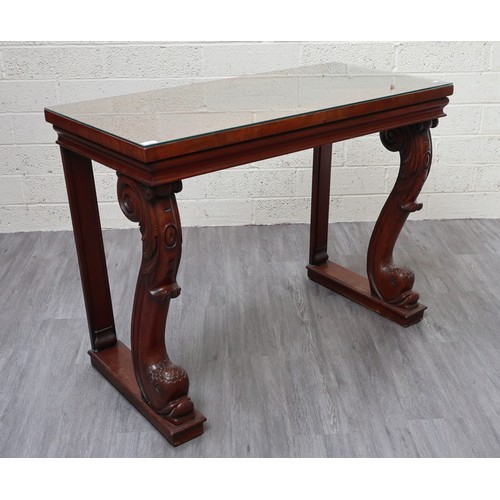 348 - Grand antique mahogany console/serving table.  Front legs carved as dolphins - Approx W: 120cm D: 56...