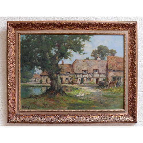 462 - Gilt framed oil on canvas of The Green, Cleeve Prior by Albert De Breanski Jnr. Approx IS 54cm x 74c...
