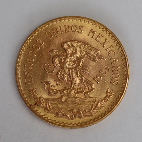 90 - 1959 Aztec Sunstone 20 Peso Gold coin of Mexico .900 purity approx 16.6g